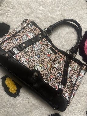 ED HARDY Leopard Skull Tote in Beige and Black with Colorful Skull Accents